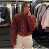 Suede Knit Patchwork Short Jacket Stand Collar Gold Single Button Long Sleeve Coat Female Spring Casual Daily Streetwear