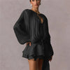 Elegant Womens Ruffle Mini Dress Long Lantern Sleeve Tie-up Front Solid Color Pleated Dress Short Flowy Dress Party Club