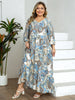 Plus Size Women's Blue-Brown Ethnic Paisley Print V-Neck Half Sleeve Tie Waist Dress