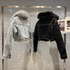 Real Fur Denim Jacket Women Autumn Fried Street Style Natural Fox Fur Collar + Rabbit Fur Liner Warm Rivet Short Jean Coat