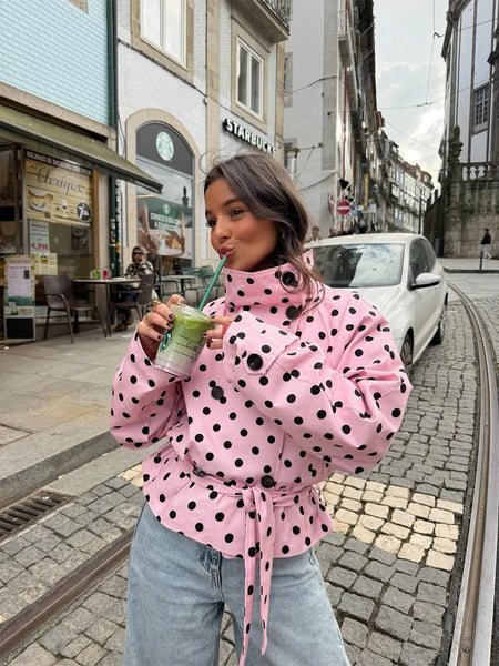 Pink Polka Dot Cropped Jackets Lady Casual High Neck Double Breasted Lace Up Short Coats Spring Women Daily Street Outwear