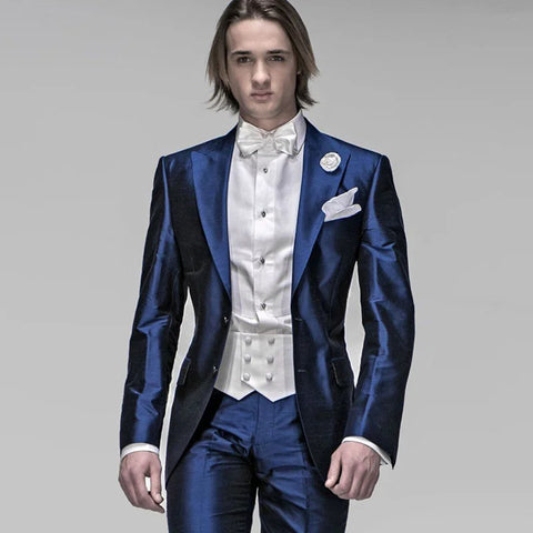 Shinny Italian Navy Blue Satin Men Suits Slim Fit Formal Gentlemen Wedding Suits for Men Tuxedos Blazer 2 Pieces (JACKET+PANTS)