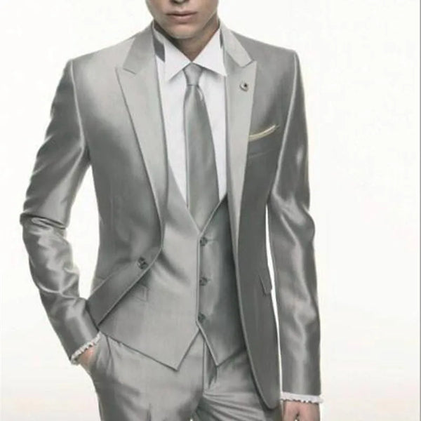 Silver Grey Satin wedding Men Suit  Formal Skinny Stylish Male Blazer Party Custom Tuxedo 3 Piece Vestidos mens suits