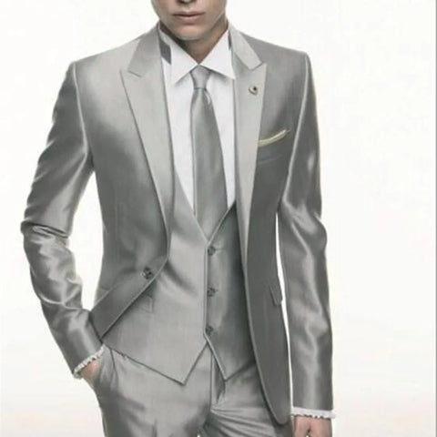 Silver Grey Satin wedding Men Suit  Formal Skinny Stylish Male Blazer Party Custom Tuxedo 3 Piece Vestidos mens suits