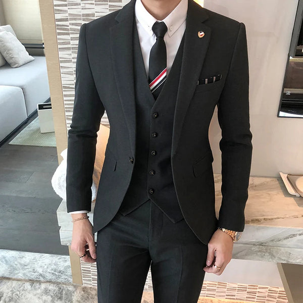 Slim Fit Business Men Suits for Dinner 3 Pieces British Style Wedding Groom Tuxedo Male  Jacket Vest with Pants