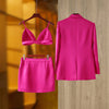 Smooth Satin Fabric Fusicha 3PCS Blazer Suit  Elegant Street Mini Skirt Women Quality Clothing
