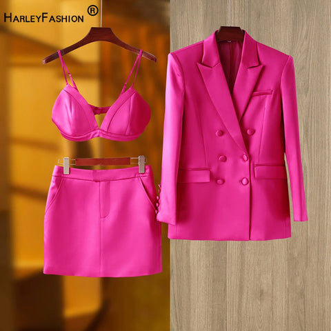 Smooth Satin Fabric Fusicha 3PCS Blazer Suit  Elegant Street Mini Skirt Women Quality Clothing