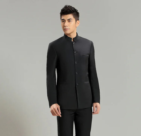 Solid Black Chinese Mao Suits Stand Mandarin Collar Men Blazer Trousers Set Pant Terno Masculino Slim Fit Tuxedo Wedding Suits
