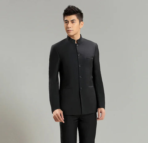 Solid Black Chinese Mao Suits Stand Mandarin Collar Men Blazer Trousers Set Pant Terno Masculino Slim Fit Tuxedo Wedding Suits