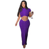 Solid Rib Knitted Two Piece Dress Sets Women O-Neck Short Sleeve Crop Top High Slit Stretch Bodycon Maxi Skirts Club Party Suits