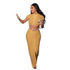 Solid Rib Knitted Two Piece Dress Sets Women O-Neck Short Sleeve Crop Top High Slit Stretch Bodycon Maxi Skirts Club Party Suits