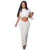 Solid Rib Knitted Two Piece Dress Sets Women O-Neck Short Sleeve Crop Top High Slit Stretch Bodycon Maxi Skirts Club Party Suits