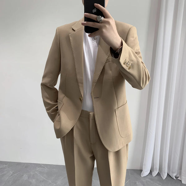Suits (jacket+pant) Men Korean Streetwear  Slim Suits Blazer Elastic Waist Pant Male Business Casual Suits Jacket Pant