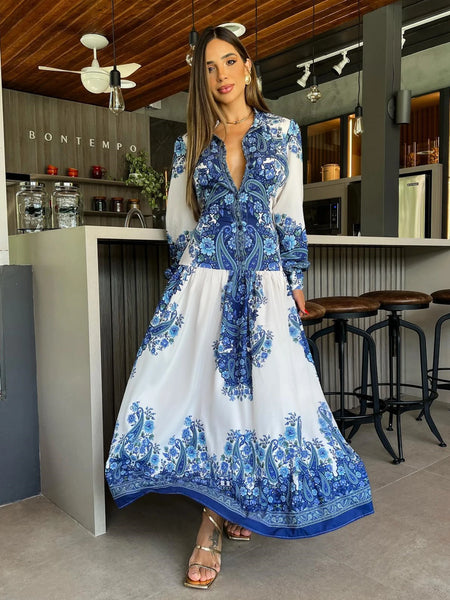 Summer Floral Print Loose Shirt Dress Turn-down Collar Long Sleeve Single Button Long Dress Spring Office Lady Women Clothing
