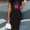 Summer LOVER BEAR cartoon printed oversized round neck short sleeved women's slim fitting sexy dress