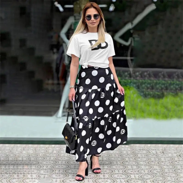 Summer Polka Dot Print Beach Suits Women Lace Up Short Blouse+Ruffles Long Skirt Korean Chiffon Bohe Two Pieces Sets