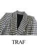 TRAF 2 Piece Set Women Casual Thousand Bird Lattice Blazers Set Blazer Suit Lady Office Sets Long Sleeve Cardigan Blazer Shorts