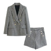 TRAF 2 Piece Set Women Casual Thousand Bird Lattice Blazers Set Blazer Suit Lady Office Sets Long Sleeve Cardigan Blazer Shorts