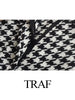 TRAF 2 Piece Set Women Casual Thousand Bird Lattice Blazers Set Blazer Suit Lady Office Sets Long Sleeve Cardigan Blazer Shorts
