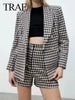 TRAF 2 Piece Set Women Casual Thousand Bird Lattice Blazers Set Blazer Suit Lady Office Sets Long Sleeve Cardigan Blazer Shorts