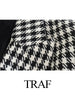TRAF 2 Piece Set Women Casual Thousand Bird Lattice Blazers Set Blazer Suit Lady Office Sets Long Sleeve Cardigan Blazer Shorts