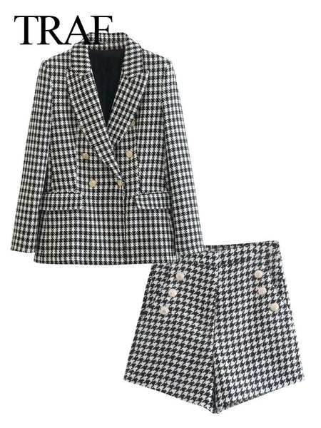 TRAF 2 Piece Set Women Casual Thousand Bird Lattice Blazers Set Blazer Suit Lady Office Sets Long Sleeve Cardigan Blazer Shorts