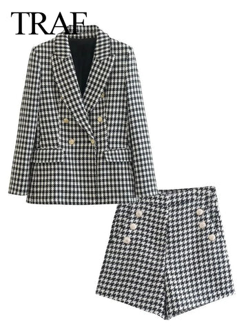 TRAF 2 Piece Set Women Casual Thousand Bird Lattice Blazers Set Blazer Suit Lady Office Sets Long Sleeve Cardigan Blazer Shorts