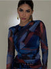 TRAF   Woman 2 Pieces Sets  Tulle Printed Blouse Slim Tops + High Waist A-Line Long Skirt Autumn Elegant Casual Sets