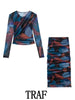 TRAF   Woman 2 Pieces Sets  Tulle Printed Blouse Slim Tops + High Waist A-Line Long Skirt Autumn Elegant Casual Sets