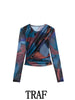 TRAF   Woman 2 Pieces Sets  Tulle Printed Blouse Slim Tops + High Waist A-Line Long Skirt Autumn Elegant Casual Sets