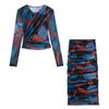 TRAF   Woman 2 Pieces Sets  Tulle Printed Blouse Slim Tops + High Waist A-Line Long Skirt Autumn Elegant Casual Sets