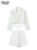TRAF  2Pcs Women Blazer Suit  Long Sleeve Bandage Coats+Zipper Shorts Sets Causal Short Jacket High Waist Outwear
