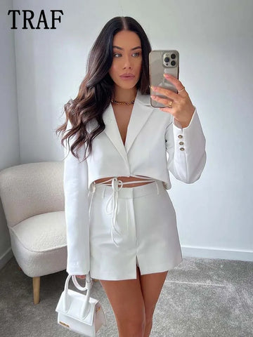 TRAF  2Pcs Women Blazer Suit  Long Sleeve Bandage Coats+Zipper Shorts Sets Causal Short Jacket High Waist Outwear