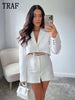 TRAF  2Pcs Women Blazer Suit  Long Sleeve Bandage Coats+Zipper Shorts Sets Causal Short Jacket High Waist Outwear
