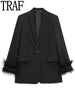 TRAF Black Feather Blazer Women Button  Woman Blazer  Casual Elegant Womens Jackets Long Sleeve Women's Winter Coats