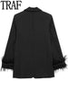 TRAF Black Feather Blazer Women Button  Woman Blazer  Casual Elegant Womens Jackets Long Sleeve Women's Winter Coats