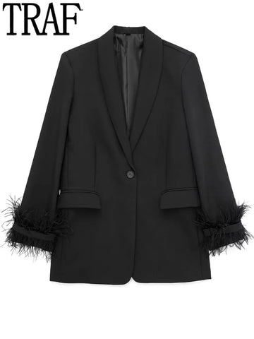 TRAF Black Feather Blazer Women Button  Woman Blazer  Casual Elegant Womens Jackets Long Sleeve Women's Winter Coats