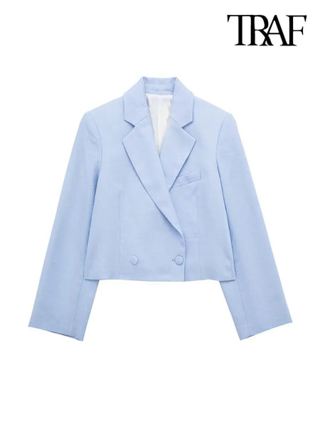 TRAF Women  Cropped Linen Blazer Coat Vintage Long Sleeve Front Button Female Outerwear Chic Tops