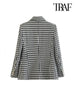 TRAF Women  Double Breasted Houndstooth Blazer Coat Vintage Long Sleeve Flap Pockets Female Outerwear Chic Vestes