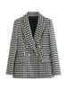 TRAF Women  Double Breasted Houndstooth Blazer Coat Vintage Long Sleeve Flap Pockets Female Outerwear Chic Vestes