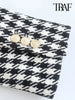 TRAF Women  Double Breasted Houndstooth Blazer Coat Vintage Long Sleeve Flap Pockets Female Outerwear Chic Vestes