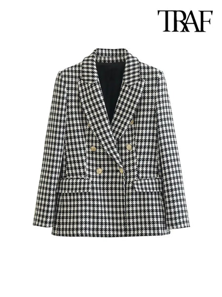 TRAF Women  Double Breasted Houndstooth Blazer Coat Vintage Long Sleeve Flap Pockets Female Outerwear Chic Vestes