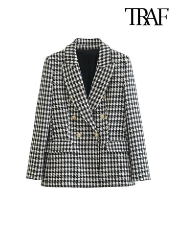 TRAF Women  Double Breasted Houndstooth Blazer Coat Vintage Long Sleeve Flap Pockets Female Outerwear Chic Vestes