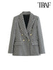 TRAF Women  Double Breasted Houndstooth Blazer Coat Vintage Long Sleeve Flap Pockets Female Outerwear Chic Vestes