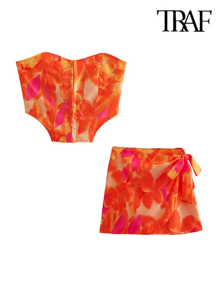 TRAF Women  Front Metal Hooks Printed Bustier Tops And High Waist With Bow Tied Mini Skirt Female Two Piece Sets Mujer