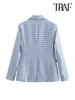 TRAF Women  Houndstooth Double Breasted Tweed Blazer Coat Vintage Long Sleeve Flap Pocket Female Outerwear Chic Veste