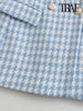 TRAF Women  Houndstooth Double Breasted Tweed Blazer Coat Vintage Long Sleeve Flap Pocket Female Outerwear Chic Veste