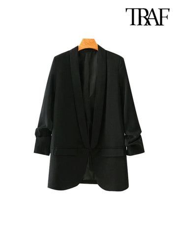 TRAF Women  Office Wear Basic Black Blazer Coat Vintage Pleated Sleeve Pockets Female Outerwear Chic Tops