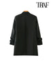 TRAF Women  Office Wear Basic Black Blazer Coat Vintage Pleated Sleeve Pockets Female Outerwear Chic Tops