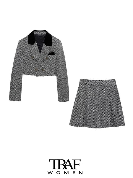 TRAF Women  Patchwork Twill Cropped Blazer Coat And High Waist Back Zipper Female Skirts Female Two Piece Sets Mujer